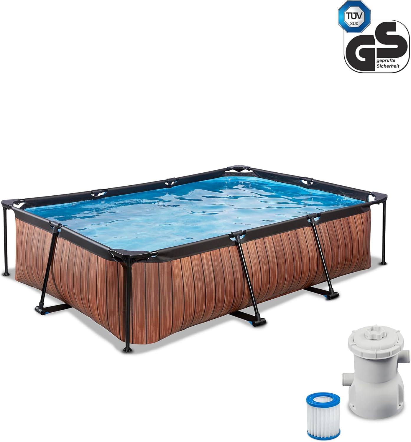 Piscine Hors Sol Rectangulaire 300 x 200 x 65 cm avec Pompe Filtrante – Piscine Tubulaire pour Enfant et Famille – Cadre en Acier – Certifiée TÜV CE en 16582 – Wood – Marron 300 x 200 x 65 cm Marron