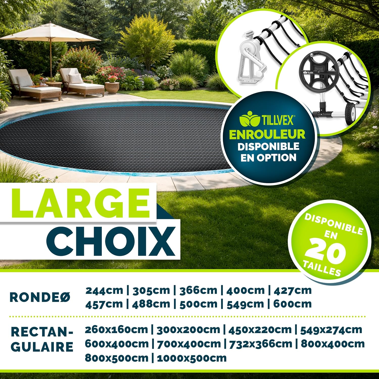 Tillvex® Bâche Solaire de Piscine, 400 µm, rectangulaire, 549 x 274 cm, Film Thermique à découper, pour réchauffer l'eau de la Piscine 549x274 cm Noir