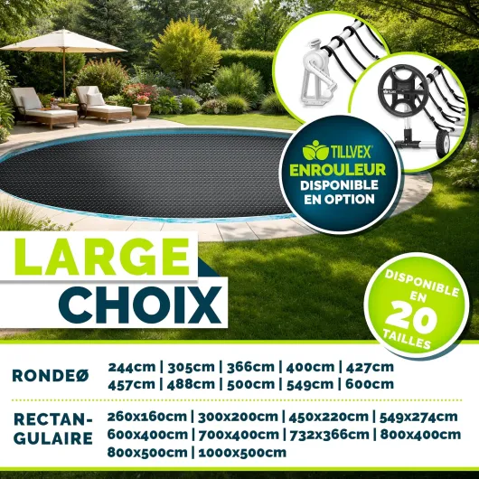 Tillvex® Bâche Solaire de Piscine, 400 µm, rectangulaire, 549 x 274 cm, Film Thermique à découper, pour réchauffer l'eau de la Piscine 549x274 cm Noir