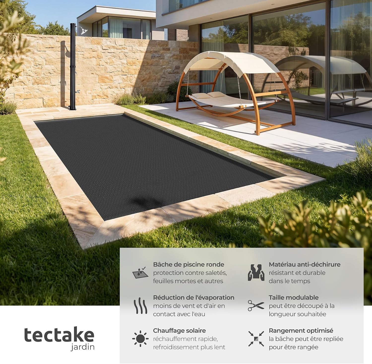 ® Bache a Bulle Piscine 3,66 x 7,32 m, Bache Piscine Adaptable à la Taille souhaitée, Bâche de Protection et Chauffage Solaire rectangulaire Piscines, Spa, Bassin, Faible évaporation de l'eau Noir 366 x 732 cm (Rectangle)