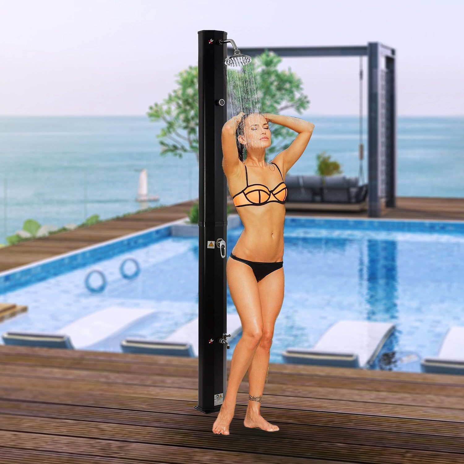 Douche Solaire - 35 litres - 216cm - INCL - Capot de Protection -avec thermomètre intégré - pommeau de Douche Rond - avec Douche de Pied - -Noir
