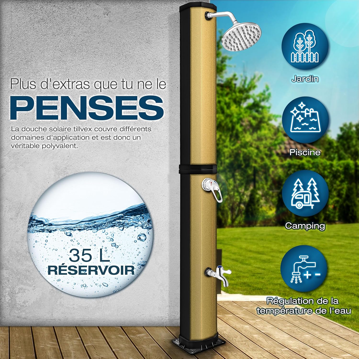 Tillvex Douche Solaire avec Capot de Protection - Douche de Jardin Eau Chaude - Douche de Piscine Camping - sans raccordement électrique (Noir/Or, 35 litres) 35 litres Noir / Or