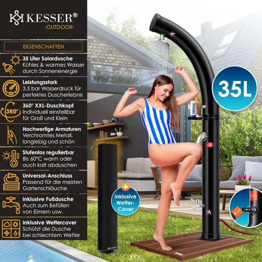 KESSER® Douche Solaire Courbe de Jardin - Housse de Protection - Eau Chaude 35L - Max 60°C - Sans Raccordement Électrique - Pour Piscine et Camping 35 litres Le Noir