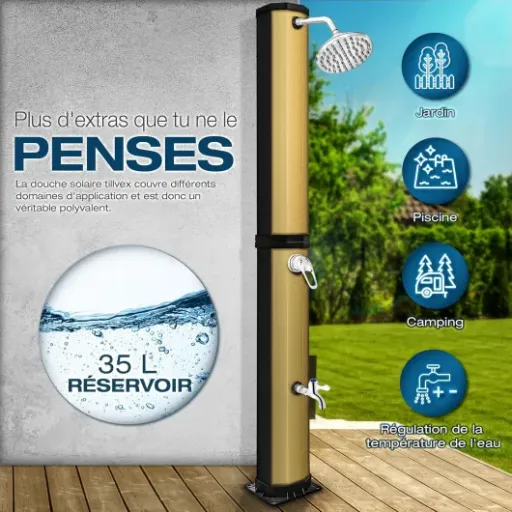 Test Tillvex Douche Solaire 35 L : la douche de jardin qui fait le job sans prise électrique