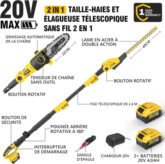 Alloyman Taille-haie télescopique sans Fil 2-en-1 20V Max sur Perche et élagueuse, avec 2 Batteries 4,0 Ah et Chargeur, scie télescopique pour Tailler Les Branches, Haies et arbustes Jaune - 01