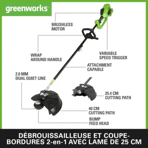 Avis Greenworks GD40BCK2X : une débroussailleuse 40V qui veut faire oublier le thermique