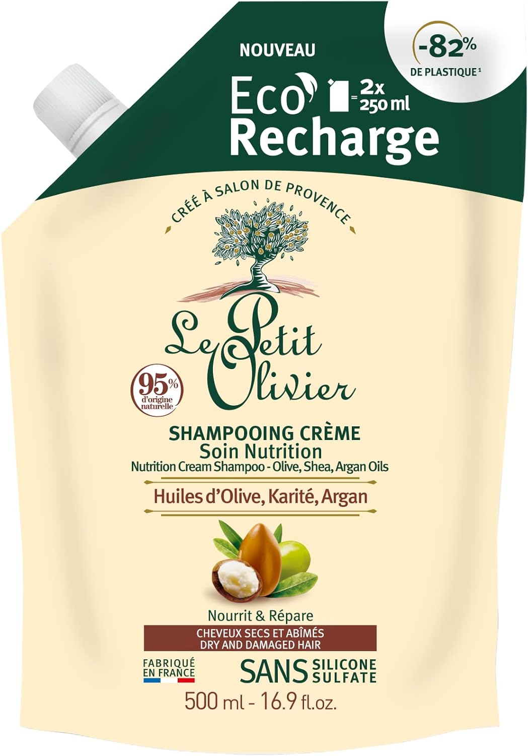 Eco-Recharge Shampooing Crème Soin Nutrition - Huiles D'Olive, Karité & Argan - Nourrit & Répare - Cheveux Secs & Abîmés - Sans Silicone, Sans Sulfate - Fabriqué en France - 500ml