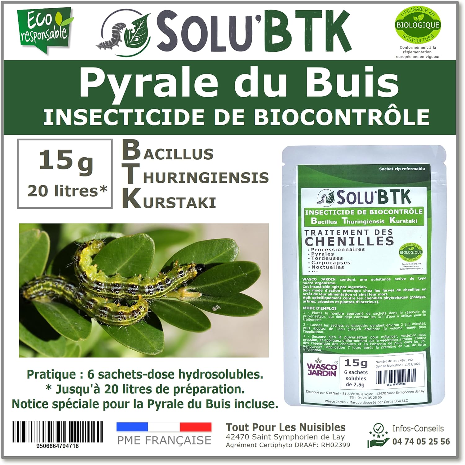 SoluBTK - Pyrale du buis 15gr Bacillus thuringiensis - Insecticide Utilisable en Agriculture Biologique