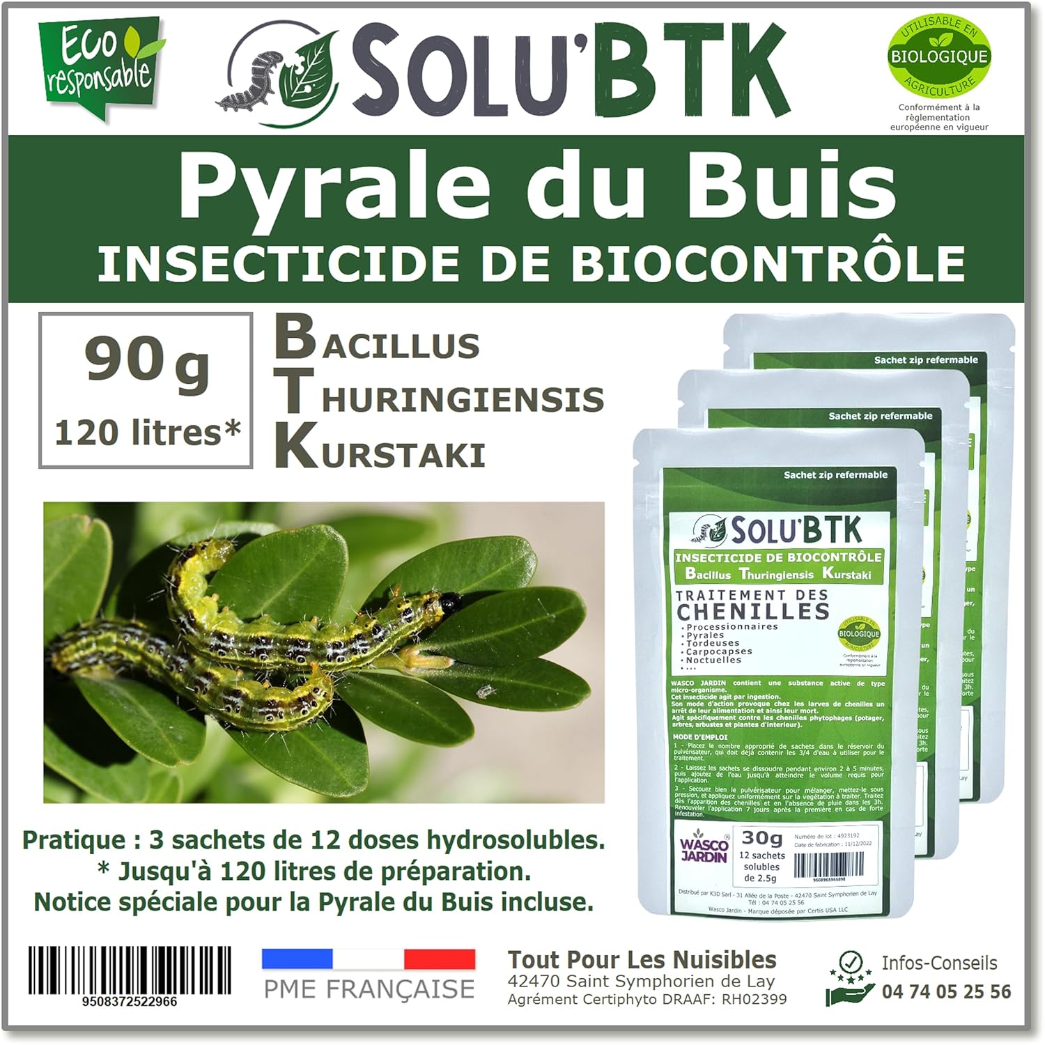 SoluBTK - Pyrale du buis 90gr Bacillus thuringiensis - Insecticide Utilisable en Agriculture Biologique