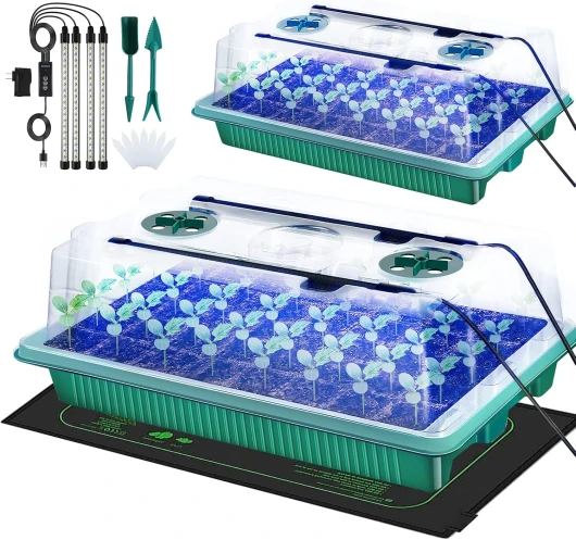 JoliJour Mini Serre Chauffante pour Semis,Lot de 2 Plateaux de Démarrage de Semis avec 4 Lampes de Culture,avec Tapis Chauffants,Temps,luminosité et Humidité Réglables avec Dôme et Base,Serre Plante