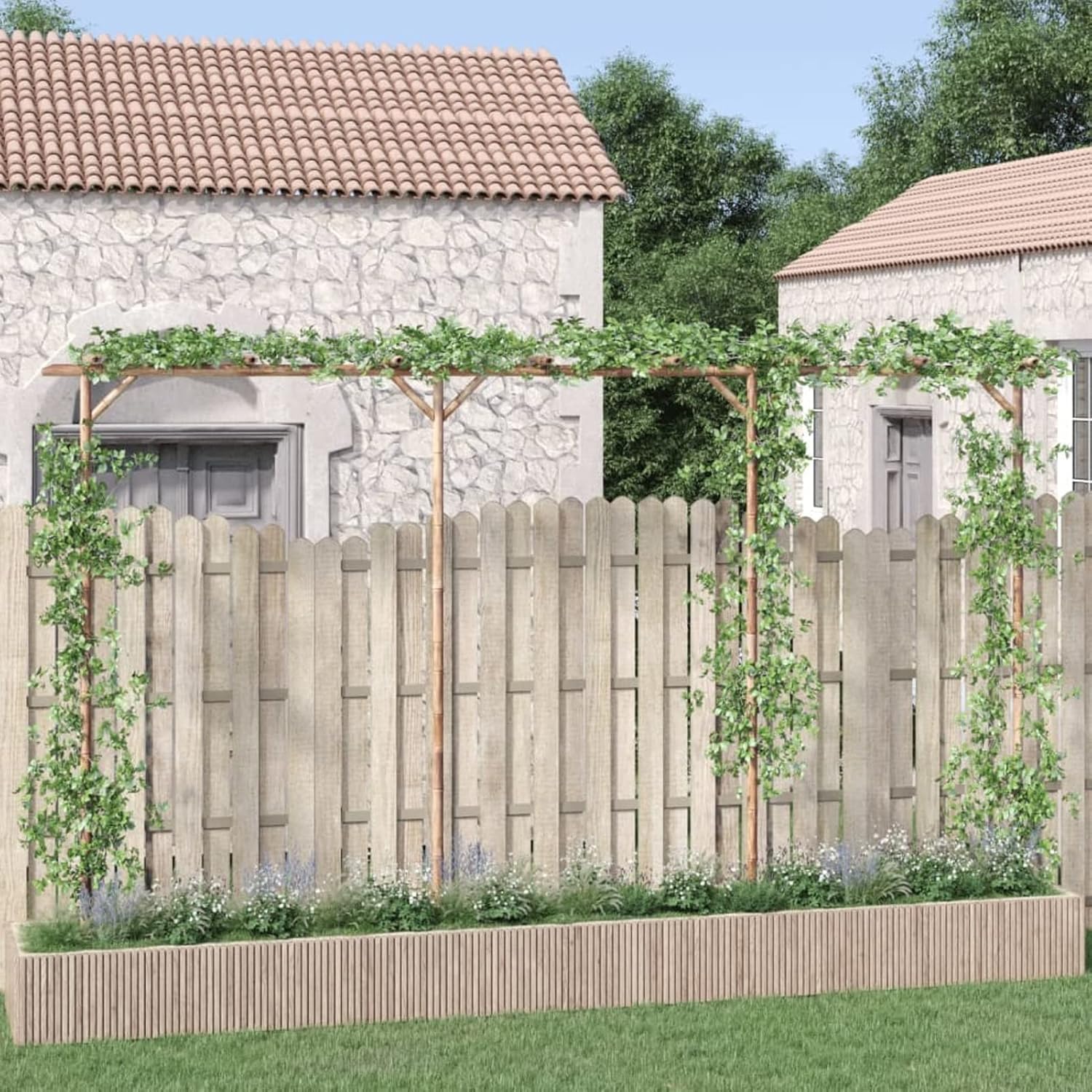 Pergola en bambou 385 x 40 x 205 cm, mobilier d'extérieur pour jardin extérieur