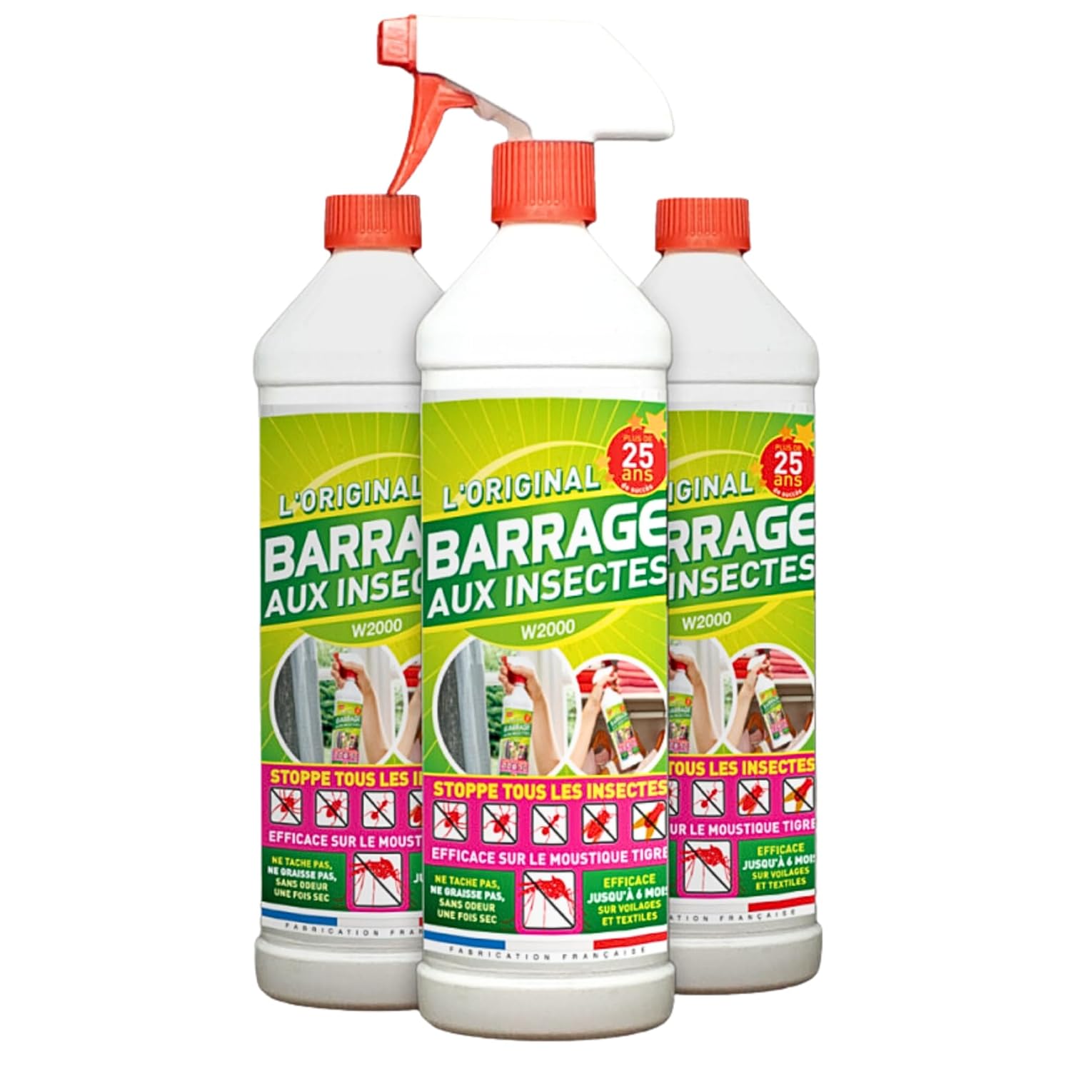 Barrage aux Insectes 3x1L avec 3 Bouchons de sécurité + 1 Pulvérisateur