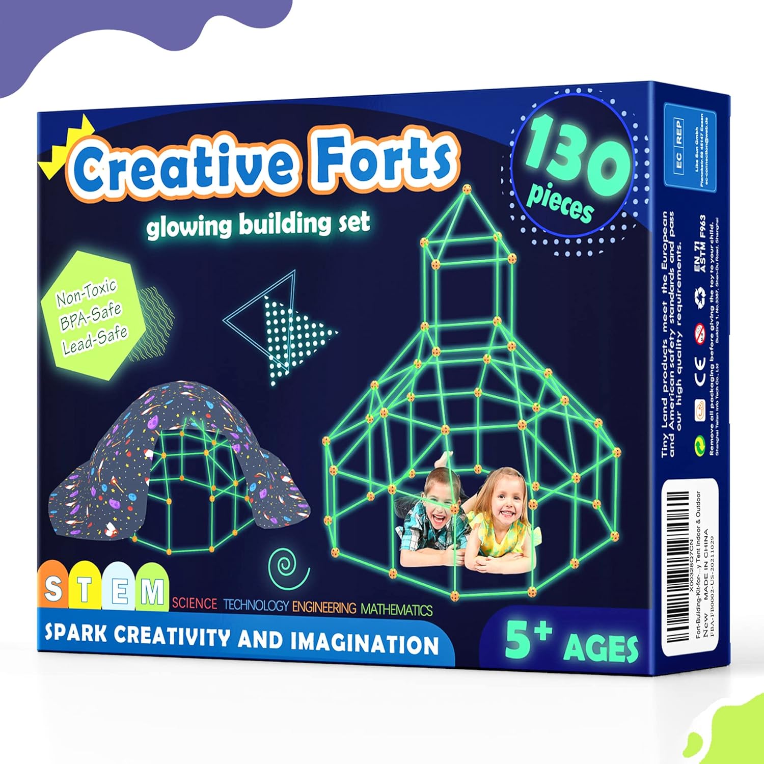Kit de Construction de Fort pour Enfants - Brillent dans Le Noir 130 PCS Jouet Fort créatif pour garçon et Fille de 5+ Ans - Jouets de Construction STEM Châteaux de DIY Tente de Jeu Tour de fusée
