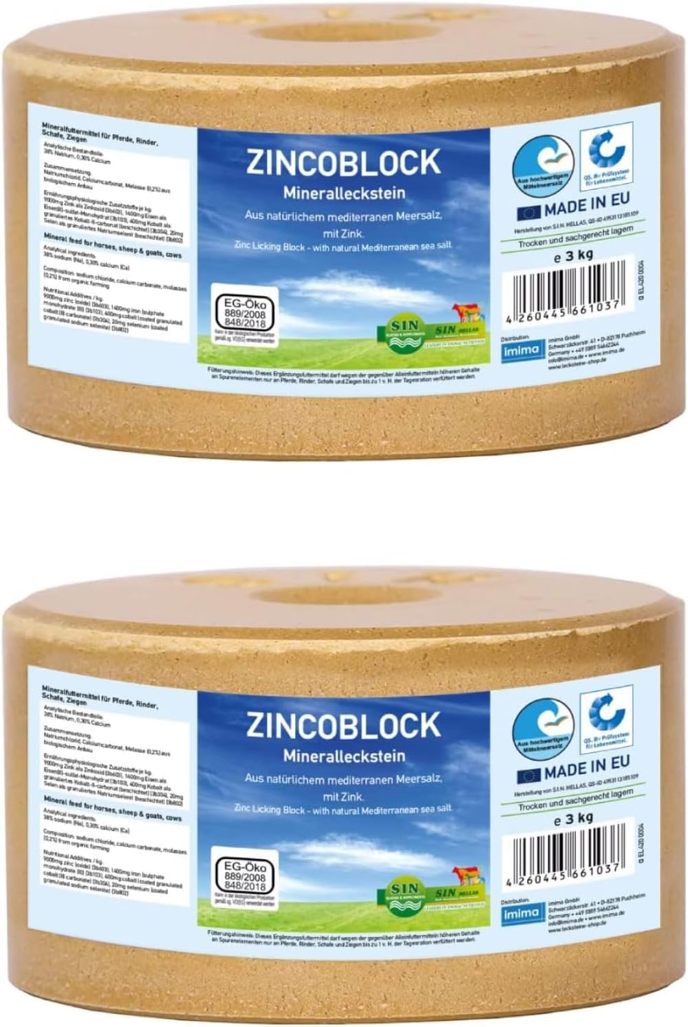 ZINCOBLOCK Lot de 2x3 kg - Pierre à lécher minérale pour Chevaux avec Zinc, Fer, Cobalt et sélénium - Pierre à lécher minérale pour Chevaux avec sel méditerranéen