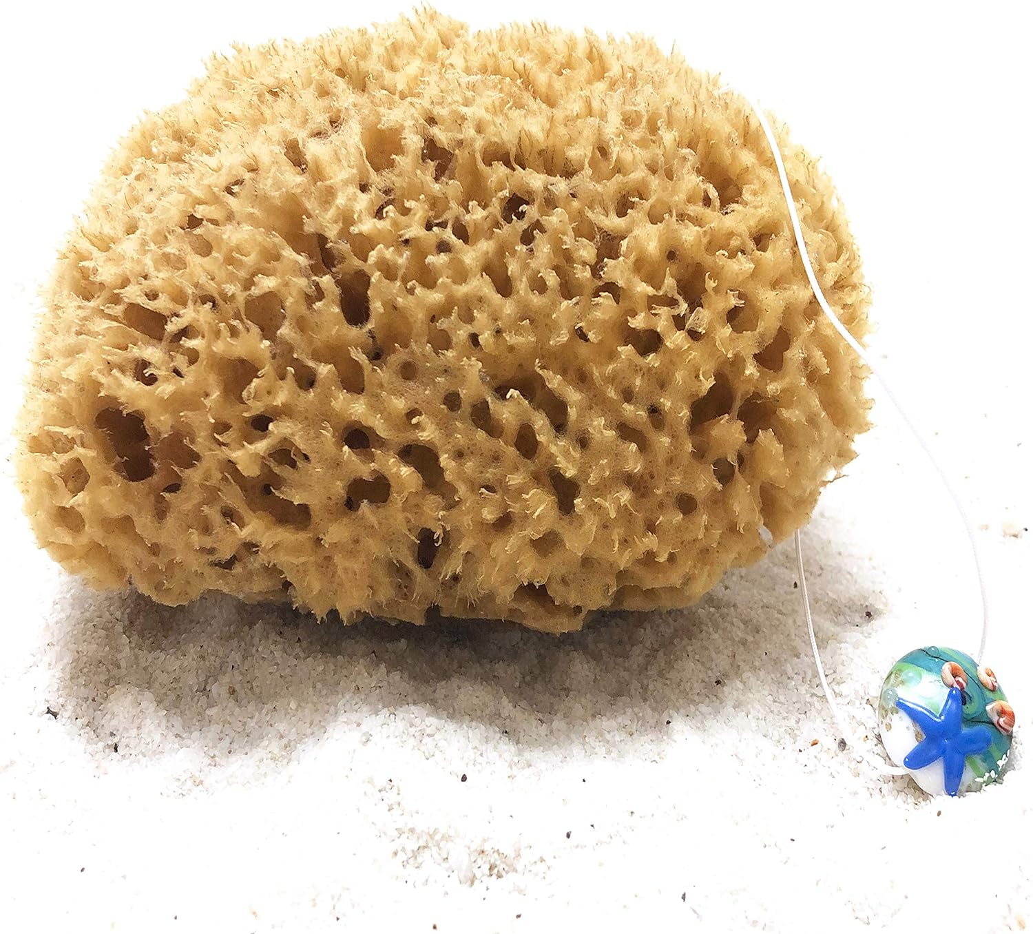 Tom&pat Eponge Naturelle de mer avec cordon et pendentif en verre – DERMATEST : TRÈS BIEN, eponge bain, eponge douche corps non blanchie, avec effet peeling, qualité premium de Grèce (13-14 cm)
