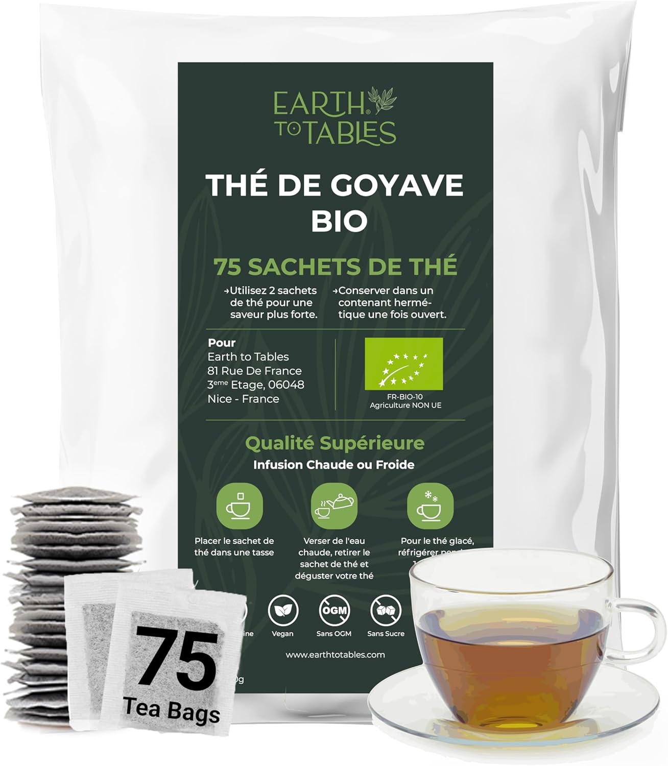 75 Sachets Thé Feuille de Goyave Bio Fraiche, Tisane Feuilles de Goyave Thé 150g (Fait 75 tasses), Guava Leaves Tea, Feuille de Goyavier Séchées, Tisane Immunité, Sans Caféine