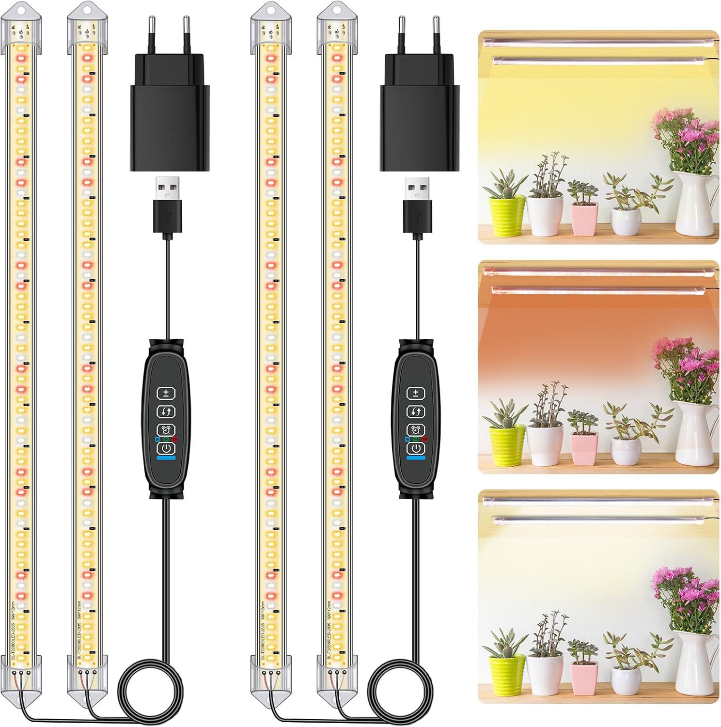 2Pack*2 Barras de Luz para Cultivo de Plantas, Lámpara de Luz Solar de Espectro Completo con Temporizador 3/9/12H, 10 Niveles Regulables para Suculentas, Estante para Plantas, Bajo Armario