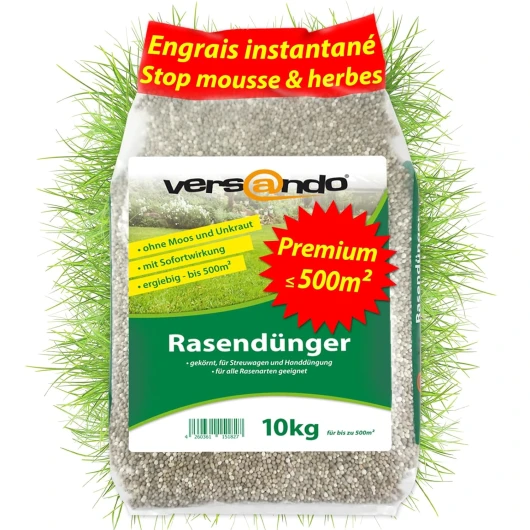 Versando 10kg d'engrais gazon printemps été jusqu'à 500m²: repousse la mousse et les mauvaises herbes pour un gazon sain et bien vert Engrais de printemps à effet immédiat - qualité Premium