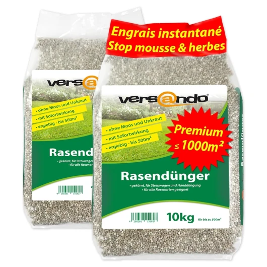 Versando 20kg d'engrais gazon printemps été jusqu'à 1000m²: repousse la mousse et les mauvaises herbes pour un gazon sain et bien vert Engrais de printemps à effet immédiat - qualité Premium