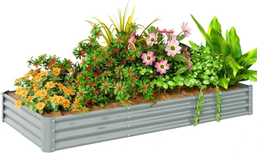 Carré Potager rectangulaire, lit de Jardin surélevé en Acier galvanisé, Fond Ouvert, jardinière avec Bord Anti-Coupure Barres de Soutien, 240 x 120 x 30 cm, Gris argenté