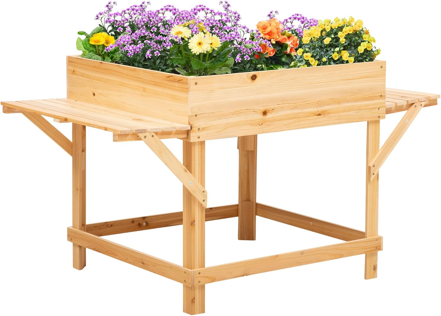 Jardinière rectangulaire sur Pieds Potager surrélevé avec tablettes latérales et Film Tissu Non-tissé 130 x 75 x 75 cm Naturel