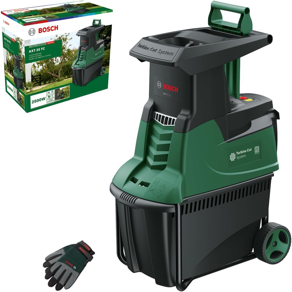 Broyeur de jardin à turbine Bosch - AXT 25 TC (2 500 W;conçu pour le bois et les débris de jardin;fourni avec des gants de jardin;bac de ramassage de 53L intégré;livré dans un carton) – Amazon Edition
