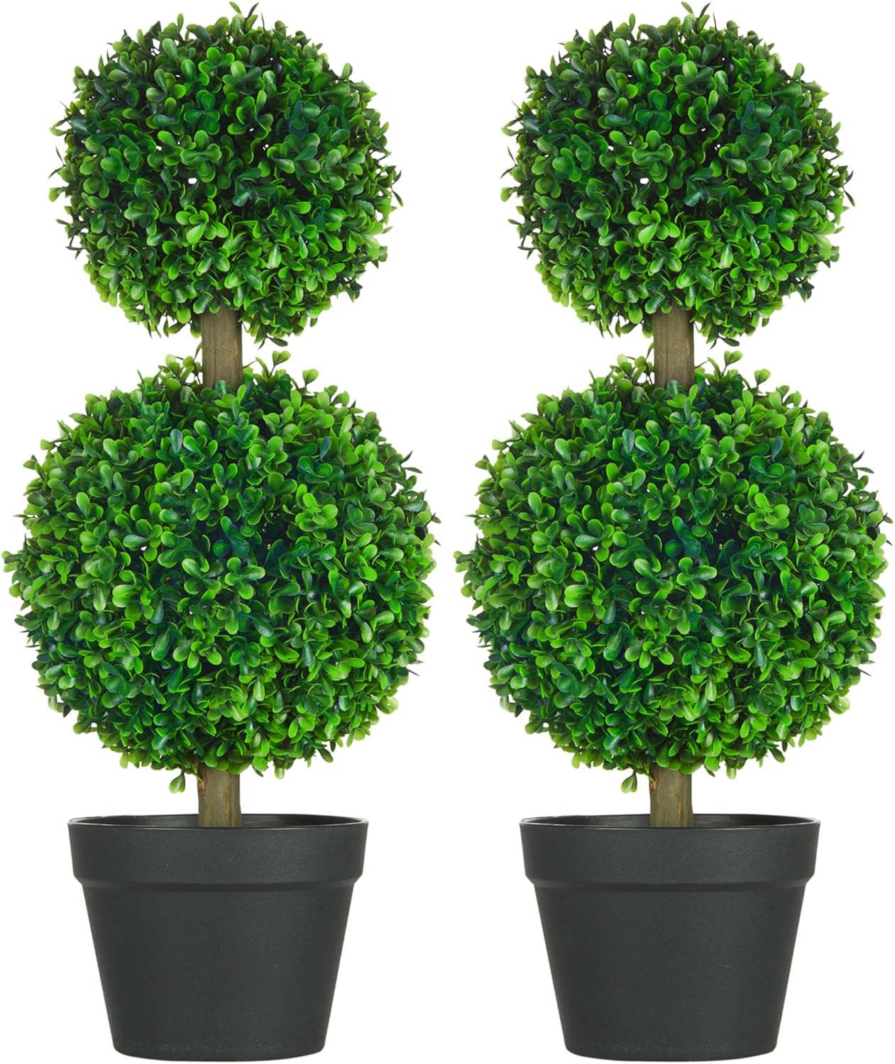 Lot de 2 Arbres buis Artificiel Double Boules avec Tronc et Pot Inclus - Hauteur 60 cm Vert