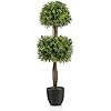 Arbre Topiaire en Buis Artificiel 100 cm avec 2 Boules, Fausse Plante avec Pot en PE Rempli de Ciment Résistant aux UV, pour Décoration de Maison Bureau Jardin et Entrée