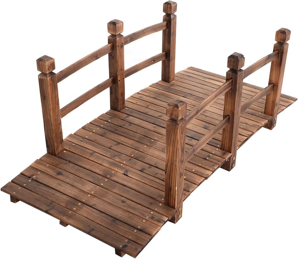 Pont de Jardin Japonais en Sapin Carbonisé avec Garde-Corps, Pont d'Étang Décoration de Jardin Charge Max 100kg pour Cour, Décor, Parc, 50x67x55CM, Brun/Naturel (Brun)