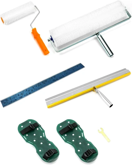 QWORK® Kit d'outils de ciment autonivelant, Chaussures à pointes de époxy, Rouleau débulleur, râteau autonivelant en acier inoxydable