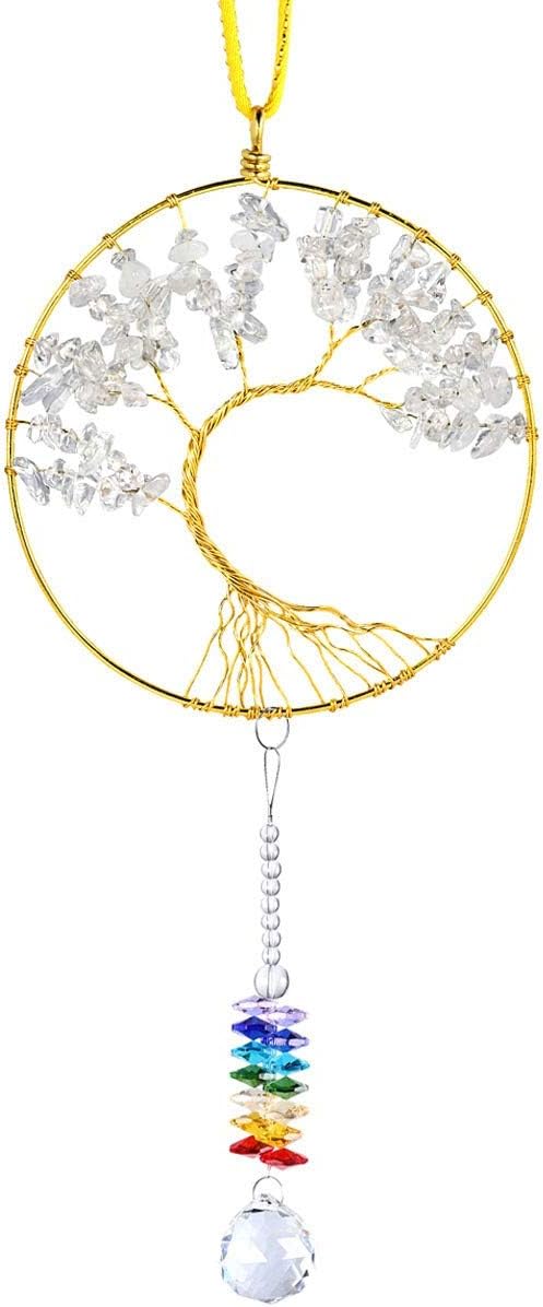 Cristal de Roche Naturelle Pierre Arbre de Vie Decoration Suspension Fait Main avec Décoratifs Pendentif Attrape-Soleil Prismes Cristal à Suspendre