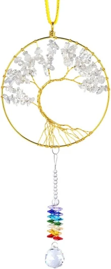 Cristal de Roche Naturelle Pierre Arbre de Vie Decoration Suspension Fait Main avec Décoratifs Pendentif Attrape-Soleil Prismes Cristal à Suspendre