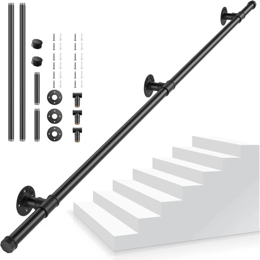 Main Courante pour Escalier, Aomdom Main Courante Escalier Interieur Exterieur, Main Courante Noire avec Tuyau en Acier Galvanisé Industriel Antidérapant pour Cuisine Salle de Bain Jardin, 1,5M