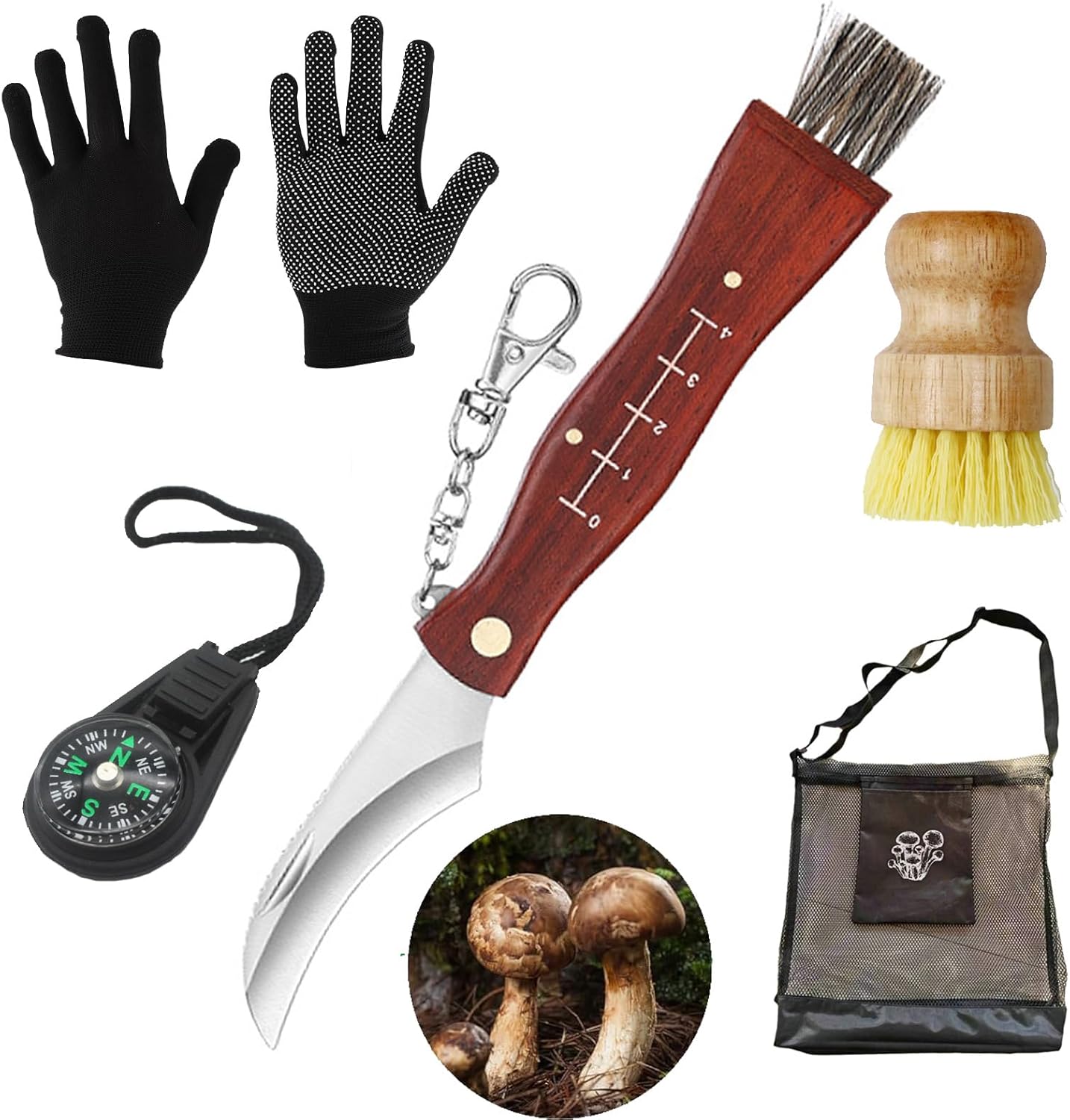 LIMEOW 1 Set de 5pcs Cadeau Chasseur Couteaux Pliants Couteau Champignon Panier Champignon Sac Champignon Brosse Champignon Couteau Champignons Set pour la Cueillette des Champignons Dans le Champ