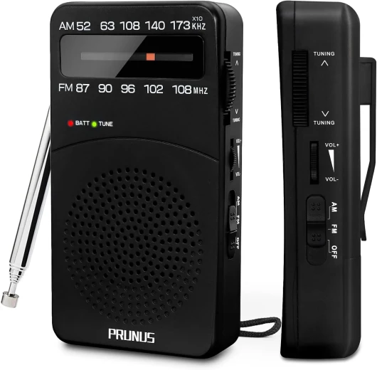 Radio Portable, PRUNUS J-166 AM(MW)/FM Petite Radio à Piles Survie avec Excellente Réception, Bouton de Réglage avec Indicateur de Signal, Un Cadeau Parfait, Adapté Aux Personnes Âgées (AA) Noir