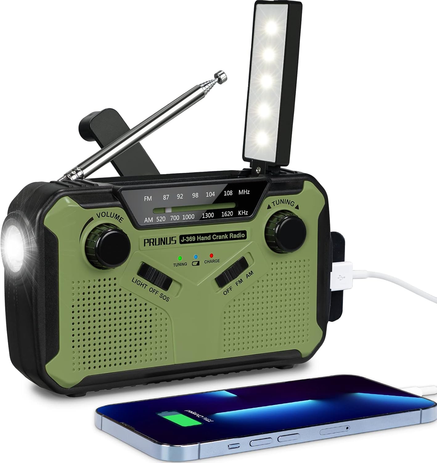 Portable Radio Dynamo Survie, PRUNUS J-369 AM/FM Radio à Pile avec 3000mAh Power Bank/SOS Alarm/Lampe Poch/Panneau Solaire, Haut-parleurs, Ourdoor, Emergency - Vert