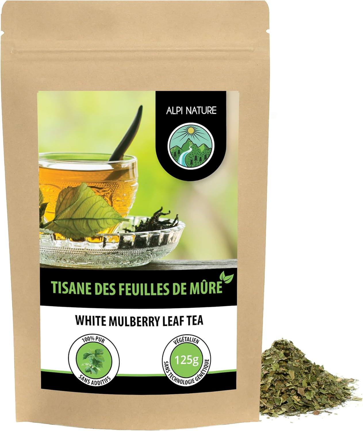 Tisane Feuille de Murier Blanc 125g par Alpi Nature, Feuilles de Mûrier Séchées et Coupées, Thé en Vrac 125 g (Lot de 1)