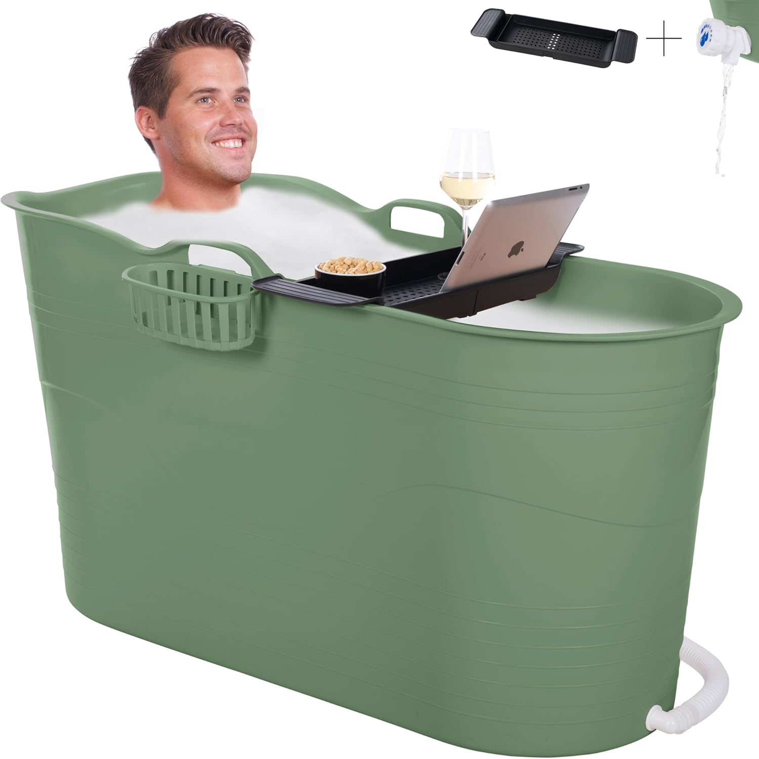 HelloBath® Seau Bain pour Bain Glacé et Bain à Remous - XL 122x56x64cm - Baignoire avec Tuyau Vidange et Bouchons Vidange - Piscine Autoportante pour Adultes, Enfants Compagnie (Sage Green)