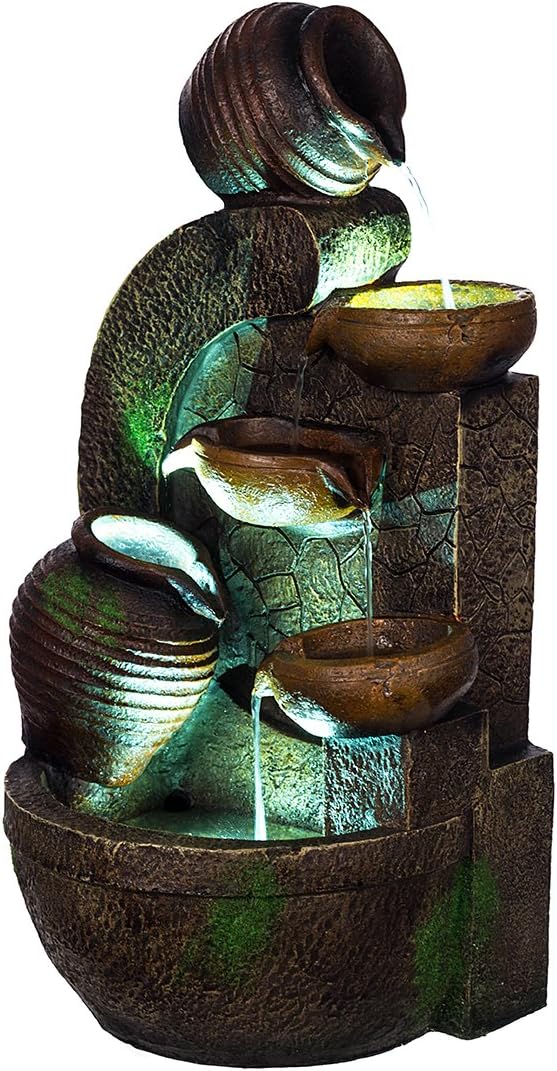 XL Fontaine cruches mur de pierre, avec 3 lampes LED, G53–17088, fontaine (brunnen5), LED lampes, décoration, 61cm