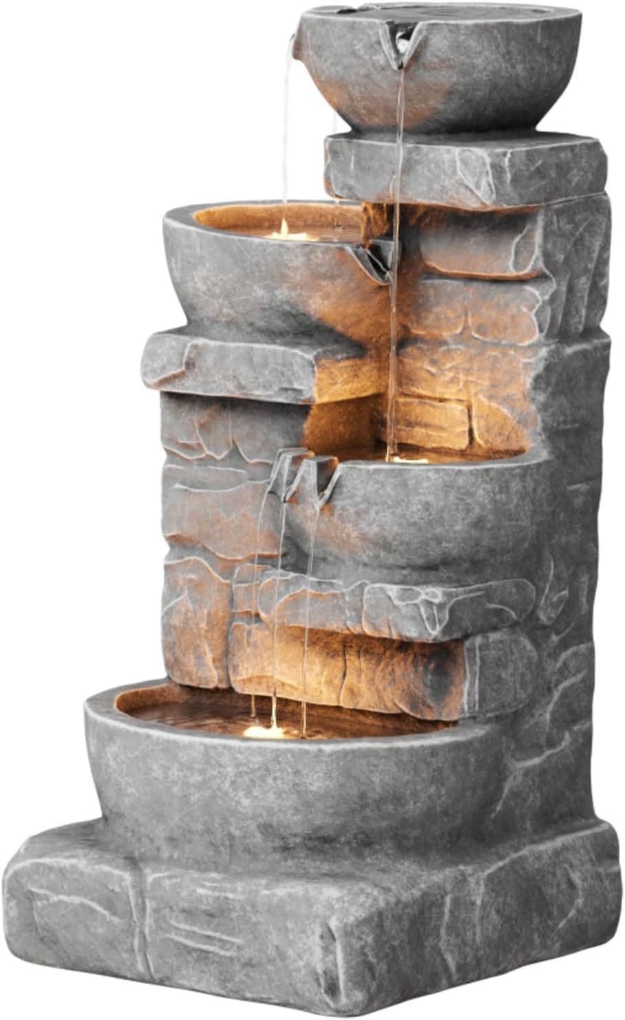 Teamson Home 33.25 Bols en cascade et pierres empilées a mené une fontaine d'eau extérieure Gris