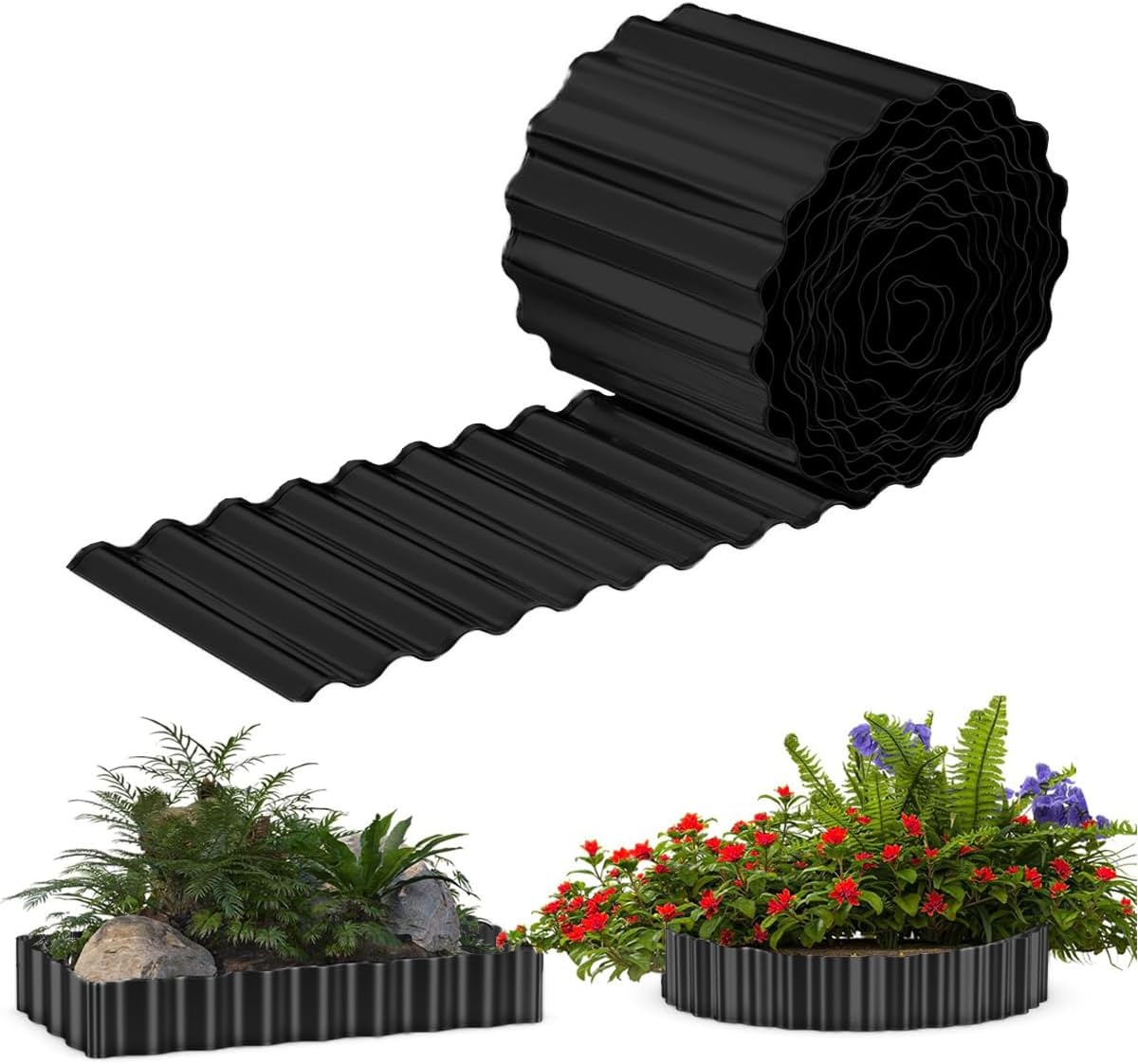 15cm H x 6m Long Bordure de Jardin en métal, Bordure de Paysage ondulée Bordure de pelouse galvanisée, Bordure de Jardin Flexible pour parterres de Fleurs entourés d'arbres - Noir Black -15cm x 6m