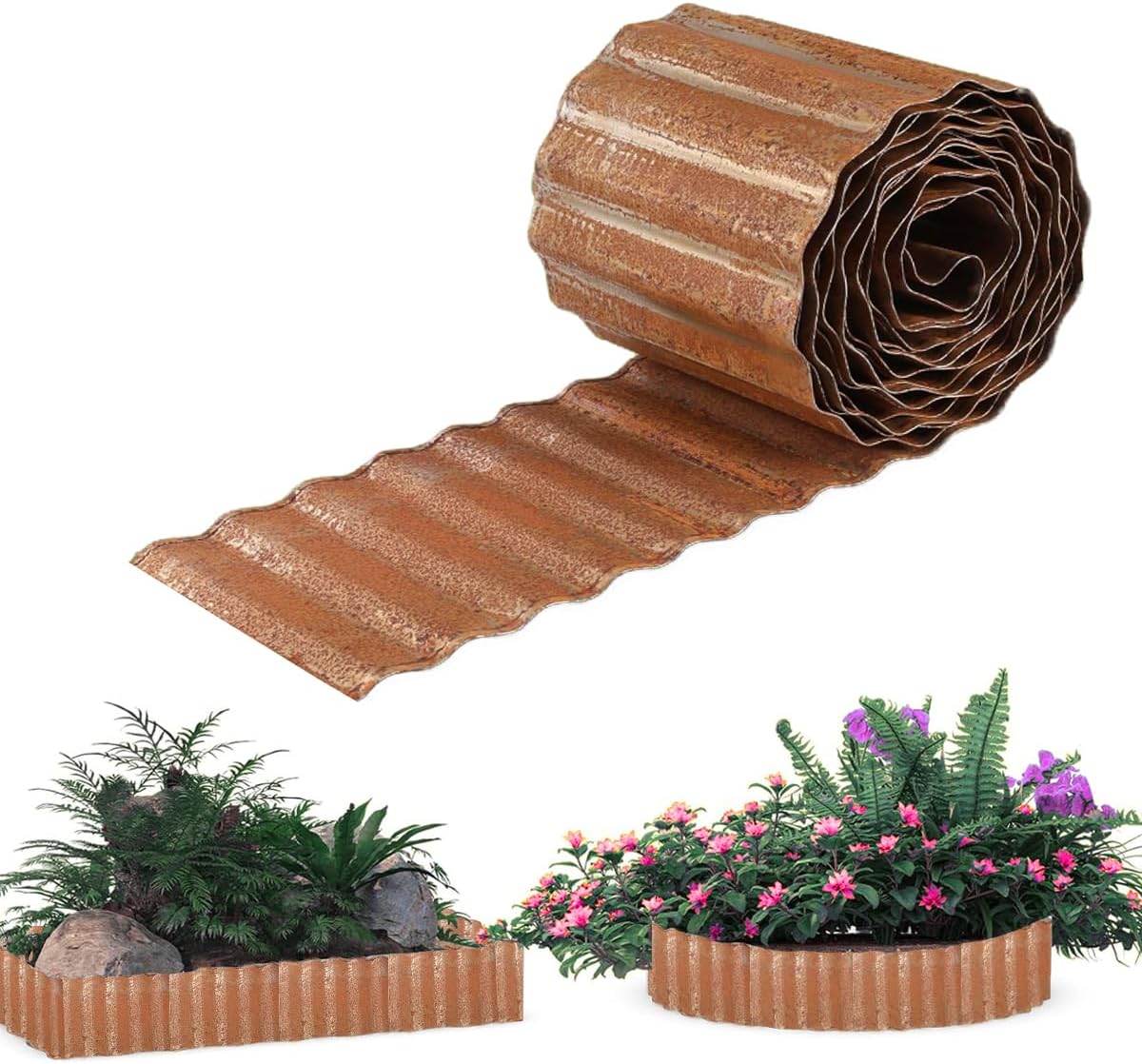 Bordure de Jardin en métal 15cm H x 12m Long, Bordure de Paysage ondulée Bordure de pelouse galvanisée, Bordure de Jardin Flexible pour parterres de Fleurs entourés d'arbres- Rouille Rusted-15cm x 12m