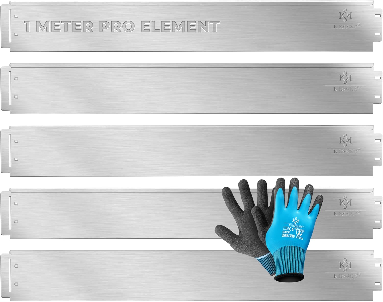 KESSER® Bordure de Jardin Métal - Barrière Pelouse + Gants 5m 100x18cm Bordure de Parterre métallique Tôles pour Gazon Palissade Argent Longueur 5 - Hauteur 18cm Argent