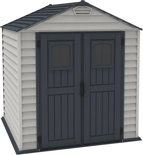 StoreMax PLUS 7 x 7 (4.44 m²) Abri de jardin en plastique avec plancher en plastique robuste et fenêtres fixes sur les portes, structure de toit en métal robuste, Gris foncé/ Adobe 7x7