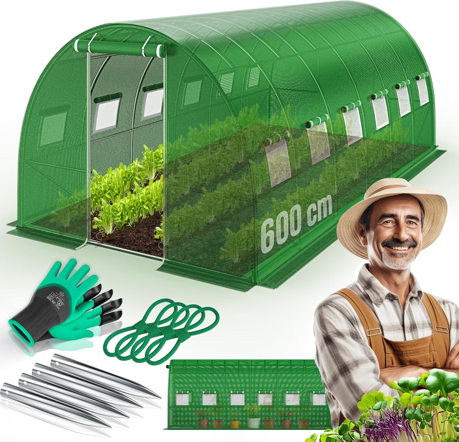 KESSER® Serre en film stable avec 12 fenêtres avec moustiquaire et porte - Tunnel de jardin avec cadre en acier galvanisé - Tunnel en film 170 g/m² avec piquets d'ancrage au sol gants et cordes - 600 600 x 300 cm Vert
