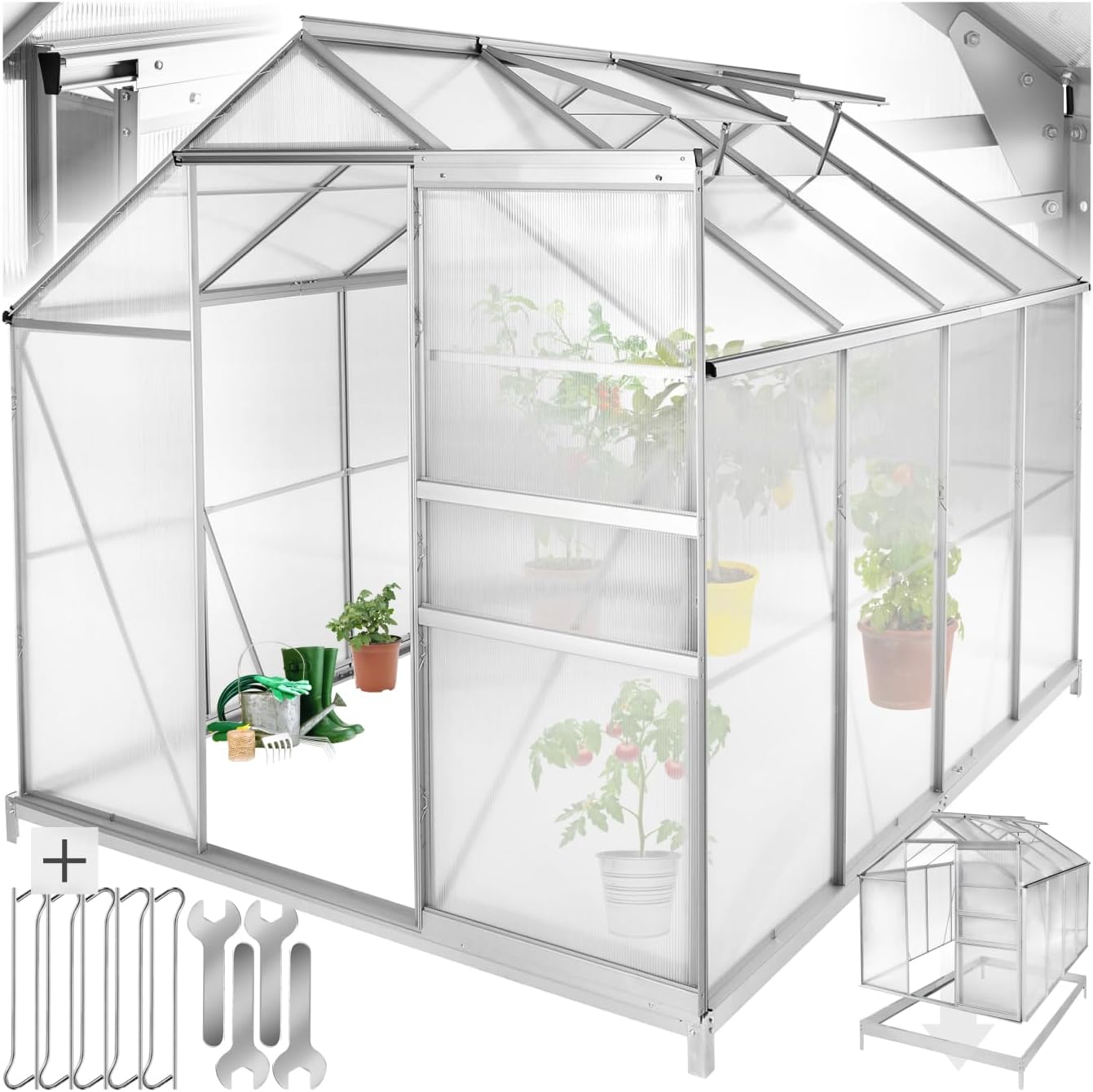 ® Serre de Jardin avec Base en Aluminium Polycarbonate pour Potager Exterieur Serre de Jardin pour Hivernage Tente Abri pour Les Plantes Serre à semis Jardinage - 250x185x195 cm 250x185x195 cm Avec base