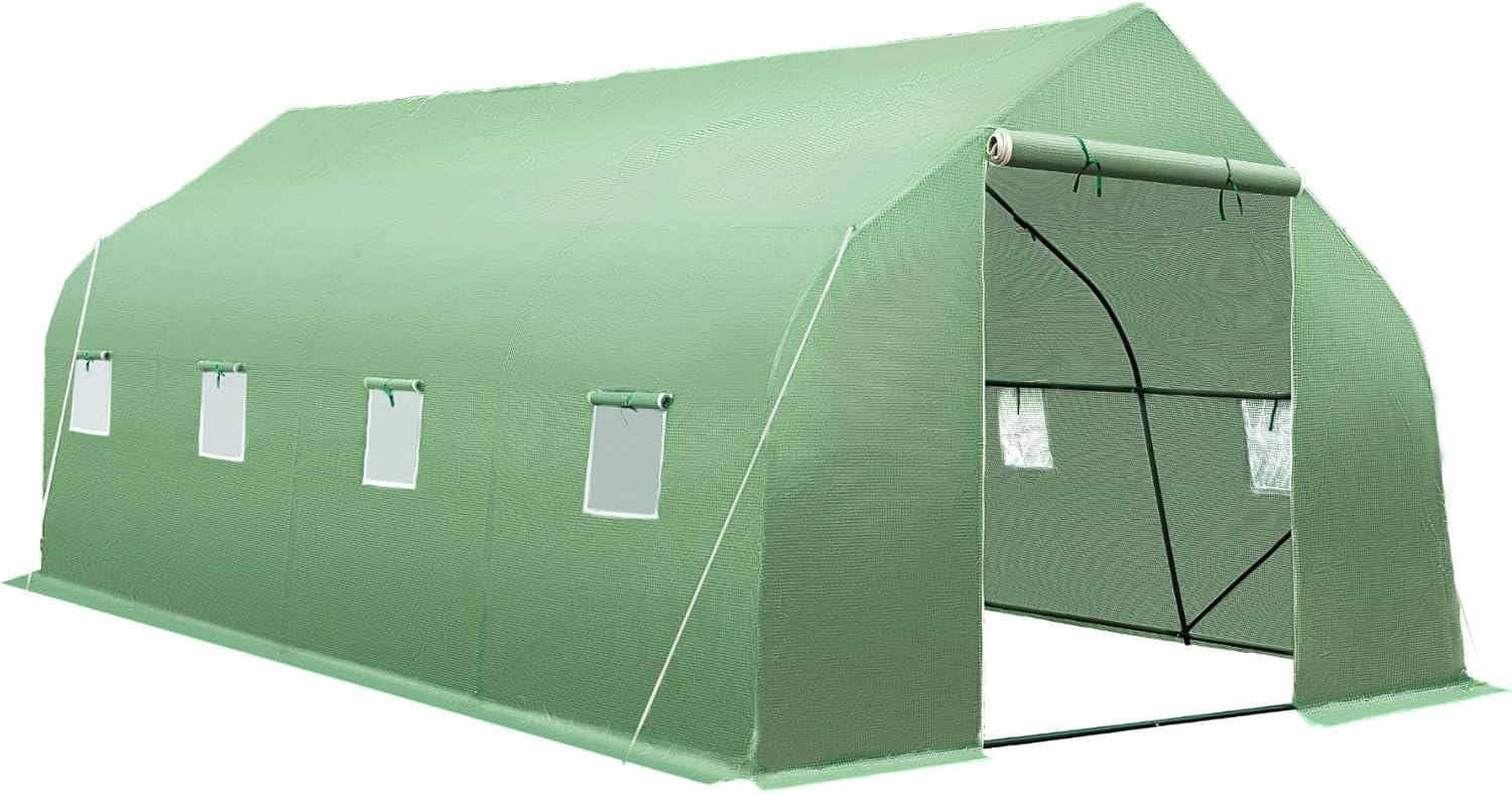 ® Serre de Jardin 18m2 Tunnel en Acier Thermo-Laqué & Plastique Anti UV avec 8 fenêtres latérales pour Potager Exterieur Serre d'hivernage Tente Abri pour Plantes Serre à semis 600x300x205cm