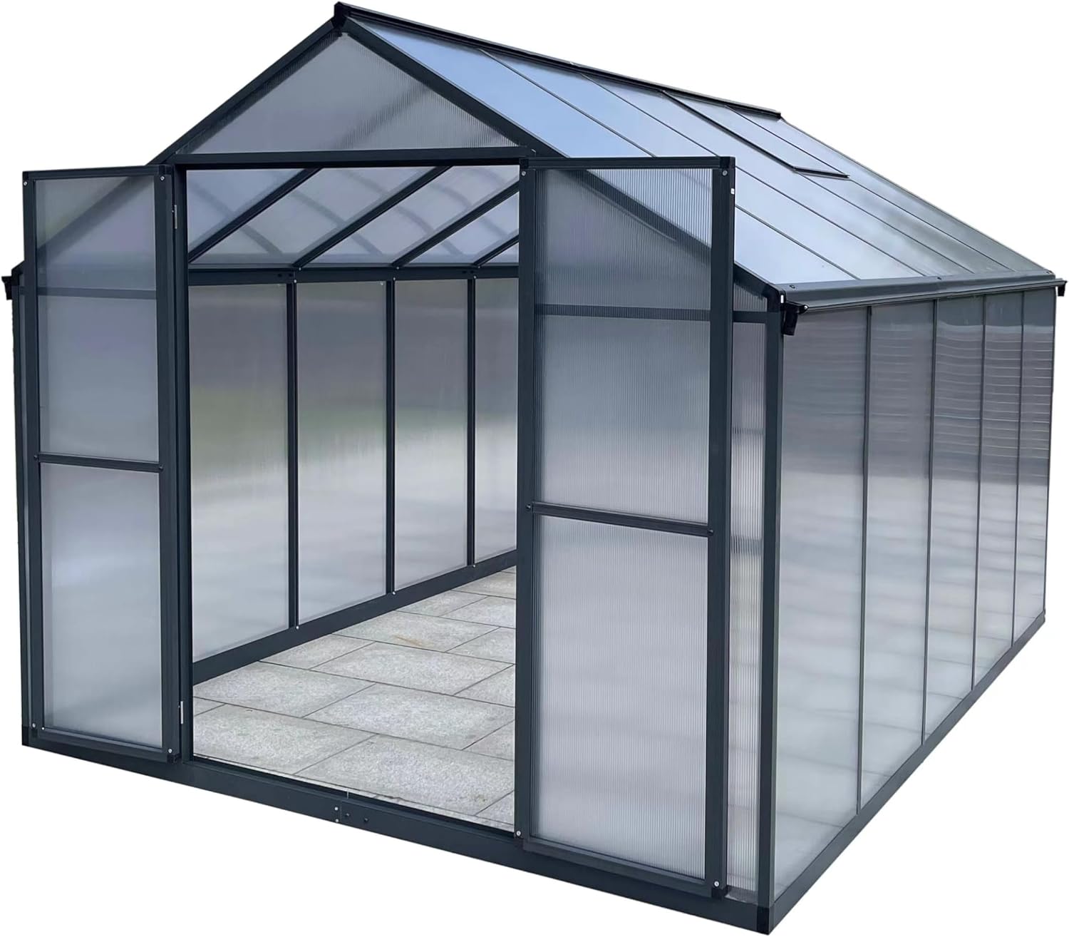Serre de jardin en aluminium de 7,33 m² avec fondation de 238 x 301 cm - Double porte polyvalente comme serre, serre de semis précoce, serre à tomates et maison de plantes 301 x 238 cm, gris