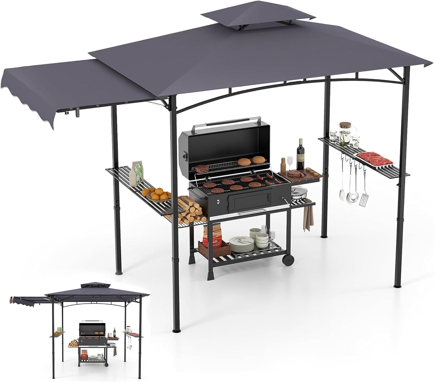 Tonnelle Barbecue Exterieur avec Auvent Réglable - Auvent Abri Barbecue - 2 Tablettes de Service - Crochets - Ouvre-Bouteille - Tonnelle de Jardin Exterieur pour Terrasse Patio Gris Foncé 3,3x1,5x2,5 M