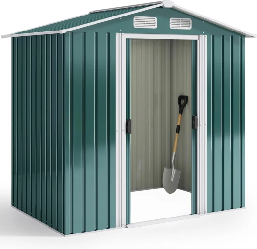 Abri de jardin en métal 184 x 119 x 186 cm, avec toit en pente et porte coulissante, abri à outils avec serrure et gants (vert) 184 x 119 x 186 cm Vert